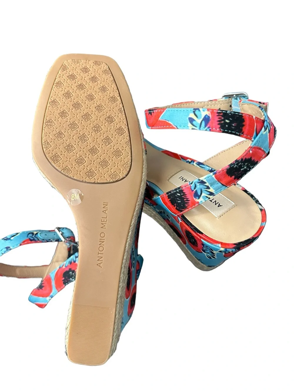 ANTONIO MELANI Turquoise & Red Floral Ankle-Strap Wedges